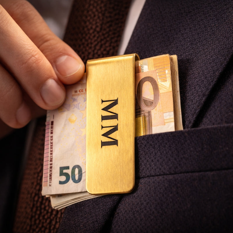 Gouden MM moneyclip met euro bankbiljetten in borstzak van een pak