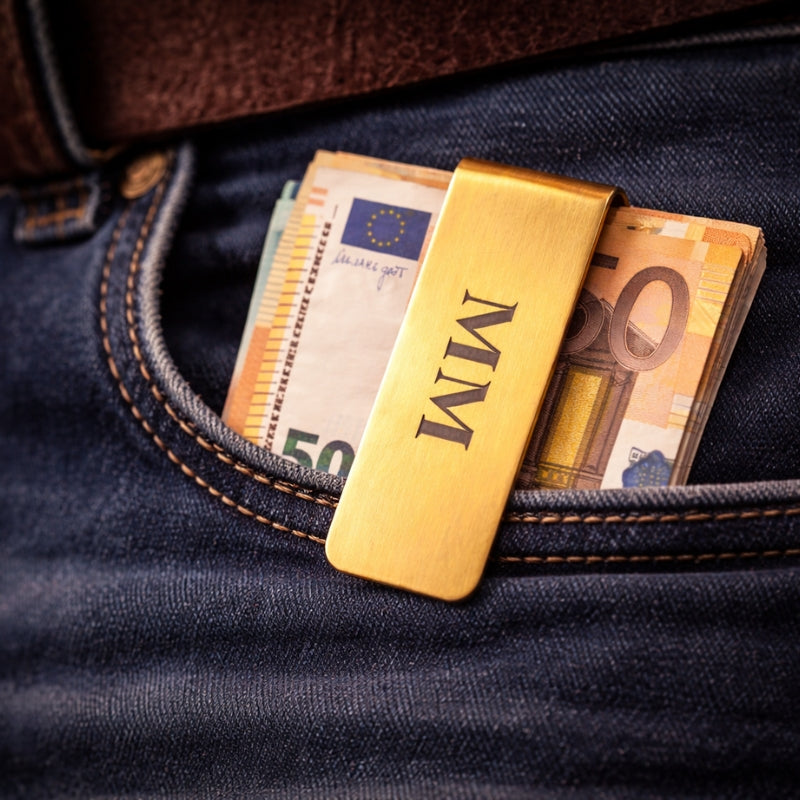 Goudkleurige MM moneyclip met euro bankbiljetten in jeans broekzak