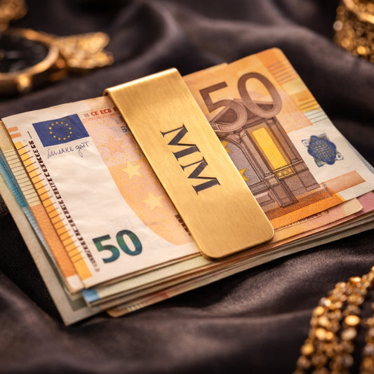 Goudkleurige MM moneyclip met euro bankbiljetten op luxe zwarte achtergrond